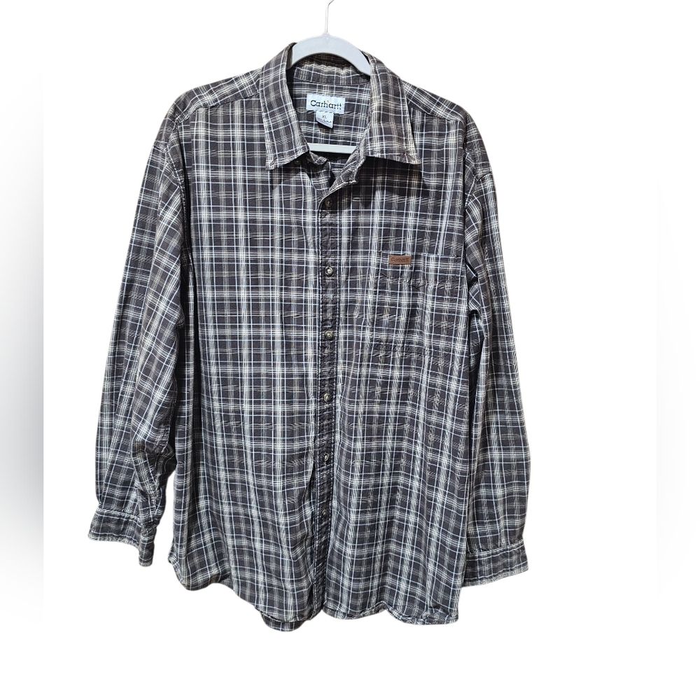 🧥 Carhartt Men’s XL Plaid Button-Down Shirt 100% Cotton Brown Gray‎ Long Sleeve
